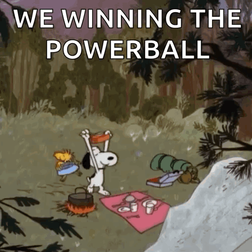 A Cartoon Of Snoopy And Woodstock Having A Picnic In The Woods With The Caption We Winning The Powerball GIF