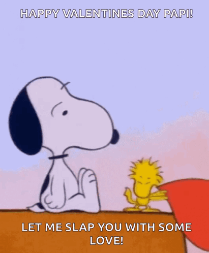 A Cartoon Of Snoopy And Woodstock Holding A Heart And Saying Happy Valentine 'S Day Papi GIF