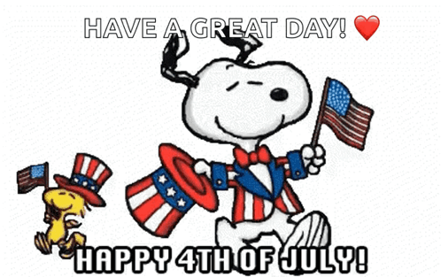 A Cartoon Of Snoopy And Woodstock Holding American Flags On A Red Background GIF