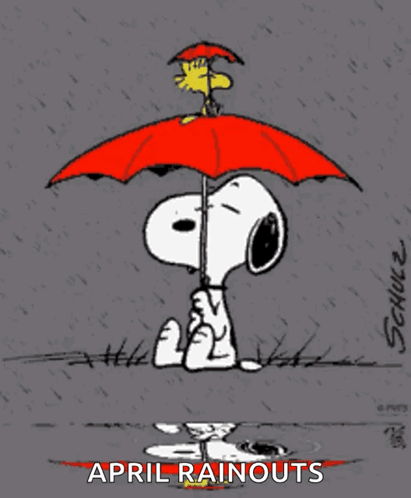 A Cartoon Of Snoopy And Woodstock Holding An Umbrella With The Words April Rainouts Below Them GIF