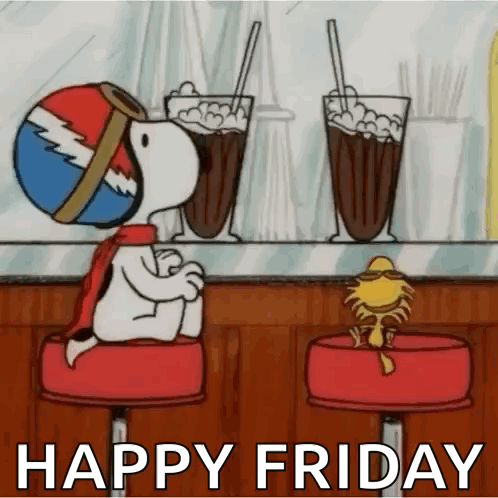 A Cartoon Of Snoopy And Woodstock Sitting At A Bar With A Happy Friday Message GIF