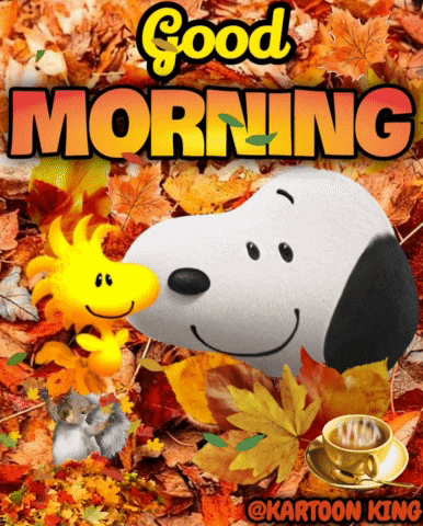 A Cartoon Of Snoopy And Woodstock With The Words Good Morning GIF