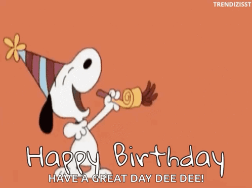 A Cartoon Of Snoopy Blowing A Party Horn That Says Happy Birthday GIF