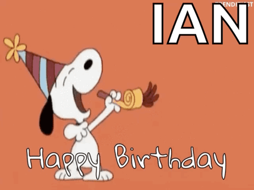 A Cartoon Of Snoopy Blowing A Party Horn With The Name Ian Below Him GIF