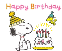 a cartoon of snoopy blowing out candles on a cake