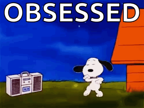 A Cartoon Of Snoopy Dancing In Front Of A Boombox With The Words `` Obsessed '' Written On It . GIF