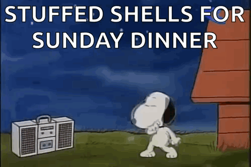 A Cartoon Of Snoopy Dancing In Front Of A Radio With The Words Stuffed Shells For Sunday Dinner . GIF