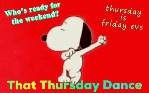 A Cartoon Of Snoopy Dancing With The Words " Who 'S Ready For The Weekend " Above Him GIF