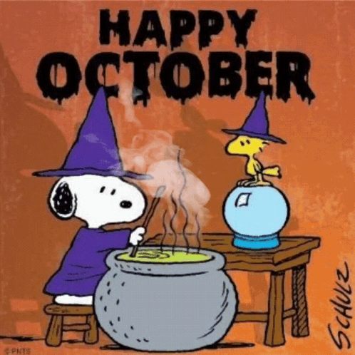 A Cartoon Of Snoopy Dressed As A Witch Stirring A Cauldron With The Words Happy October GIF