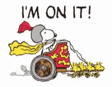 A Cartoon Of Snoopy Driving A Chariot With The Words I 'M On It GIF