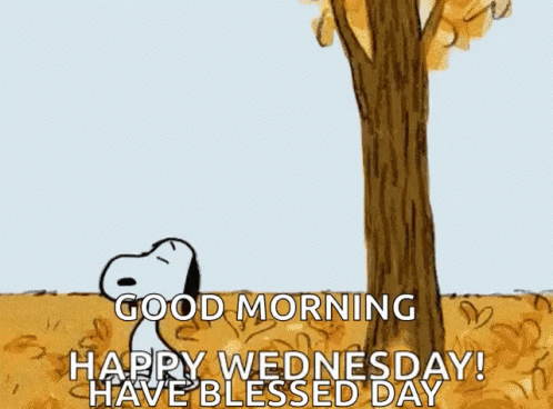 A Cartoon Of Snoopy Hanging From A Tree With The Words `` Good Morning , Happy Wednesday ! Have Blessed Day '' GIF