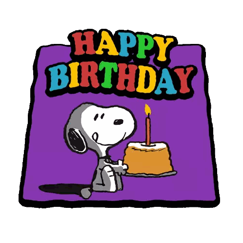 a cartoon of snoopy holding a birthday cake with the words happy birthday above him