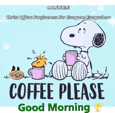 A Cartoon Of Snoopy Holding A Cup Of Coffee And A Pie GIF