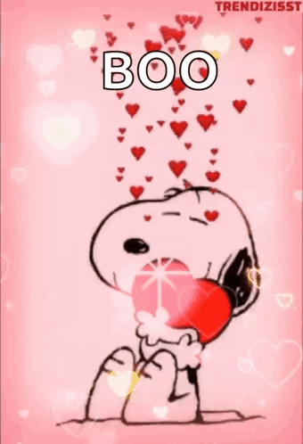 A Cartoon Of Snoopy Holding A Heart With The Words Boo Written Above Him GIF