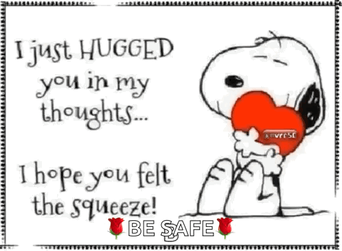 A Cartoon Of Snoopy Holding A Heart With The Words " I Just Hugged You In My Thoughts " Written On It GIF