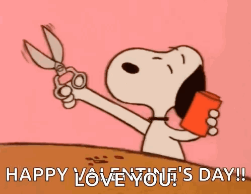 a cartoon of snoopy holding a pair of scissors and a cup .