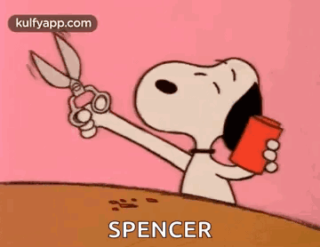 A Cartoon Of Snoopy Holding A Pair Of Scissors And A Red Can . GIF