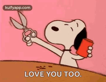 A Cartoon Of Snoopy Holding A Pair Of Scissors And A Red Cup . GIF
