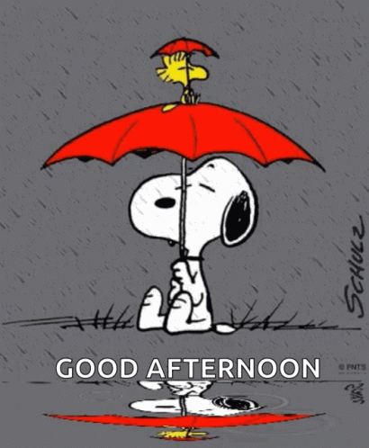 A Cartoon Of Snoopy Holding A Red Umbrella With The Words Good Afternoon Below Him GIF
