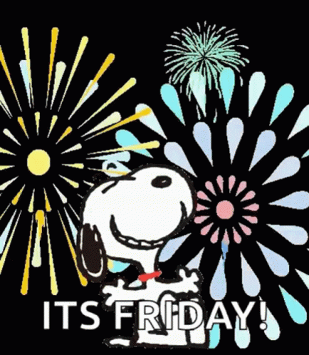 A Cartoon Of Snoopy Holding A Sign That Says It 'S Friday GIF