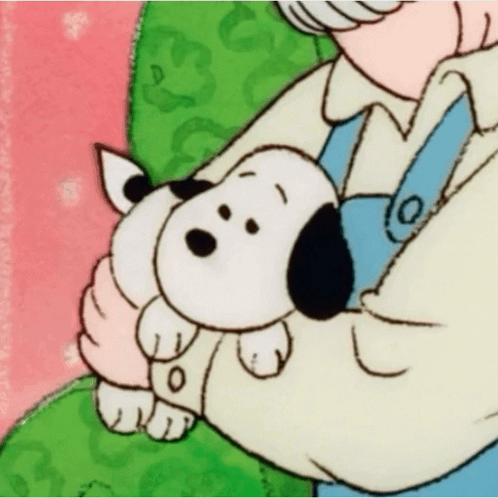 A Cartoon Of Snoopy Holding A Small Dog GIF