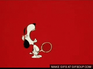 A Cartoon Of Snoopy Holding A Tennis Racquet With The Words " Aa Ugghh " Written In Yellow GIF
