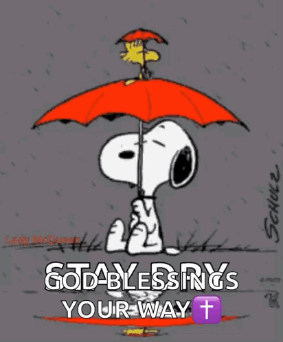 A Cartoon Of Snoopy Holding An Umbrella With The Words God Blessings Your Way On It GIF