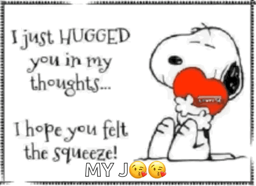 A Cartoon Of Snoopy Hugging A Red Heart With The Words " I Just Hugged You In My Thoughts " GIF