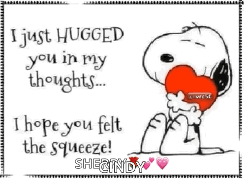 A Cartoon Of Snoopy Hugging A Red Heart With The Words I Just Hugged You In My Thoughts GIF