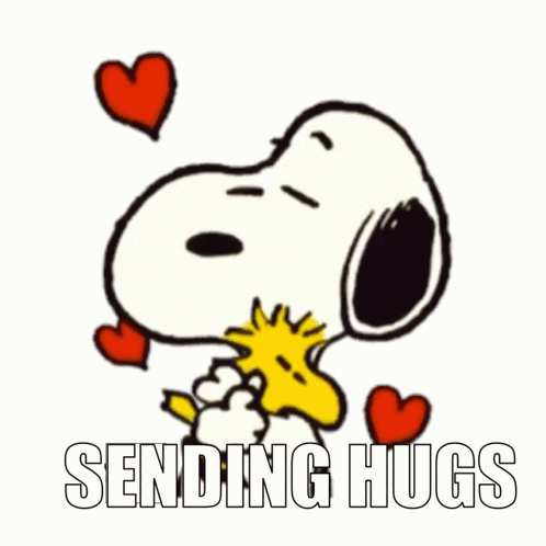 A Cartoon Of Snoopy Hugging Woodstock With The Words Sending Hugs Below GIF