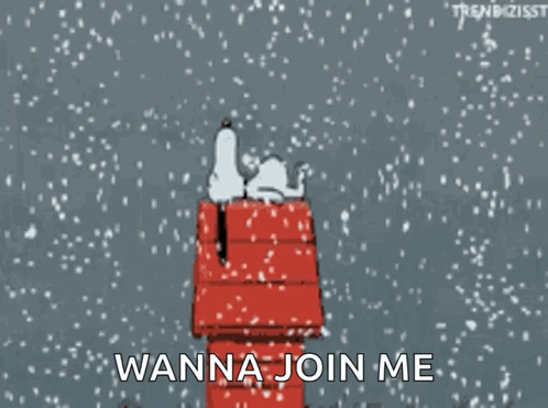 A Cartoon Of Snoopy In A Red House In The Snow With The Words " Wanna Join Me " GIF