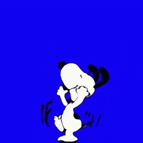 A Cartoon Of Snoopy Is Jumping In The Air On A Blue Background . GIF