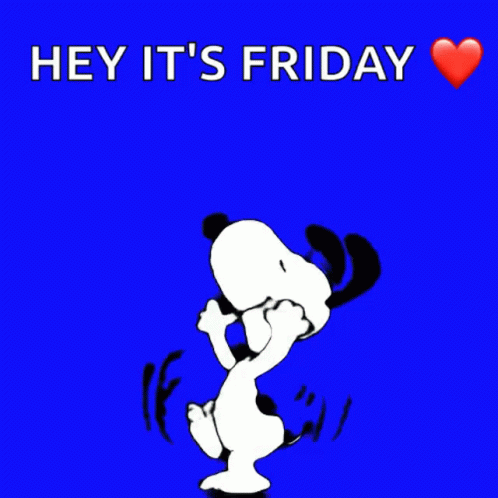 A Cartoon Of Snoopy Jumping With The Words Hey It 'S Friday GIF
