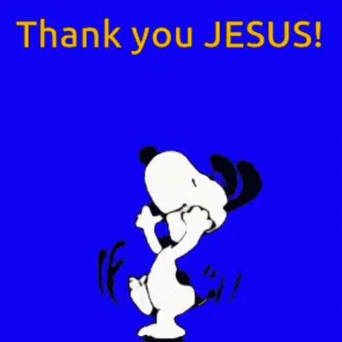 A Cartoon Of Snoopy Jumping With The Words Thank You Jesus GIF