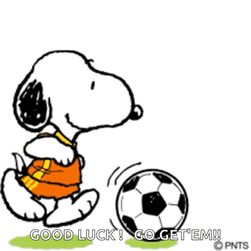 A Cartoon Of Snoopy Kicking A Soccer Ball With The Words Good Luck Go Get Em Written Below Him GIF