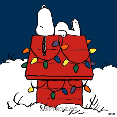 A Cartoon Of Snoopy Laying In A Chimney With Christmas Lights GIF