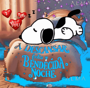 A Cartoon Of Snoopy Laying On A Bed With The Words A Descansar Feliz Bendecida Noche GIF
