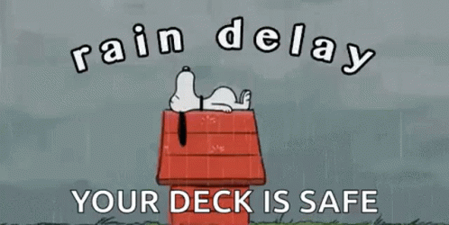 a cartoon of snoopy laying on top of a wooden house in the rain .