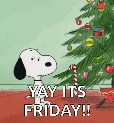 A Cartoon Of Snoopy Looking At A Christmas Tree With The Words Yay It 'S Friday GIF