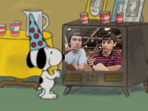 A Cartoon Of Snoopy Looking At A Picture Of Two Men GIF
