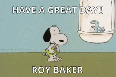 A Cartoon Of Snoopy Looking At Himself In A Mirror With The Words Have A Great Day Roy Baker Below Him GIF