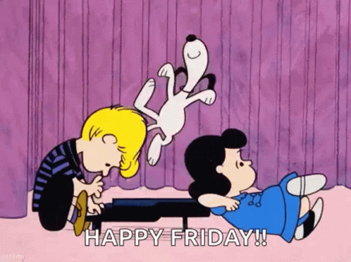 A Cartoon Of Snoopy , Lucy , And Linus Saying `` Happy Friday '' . GIF