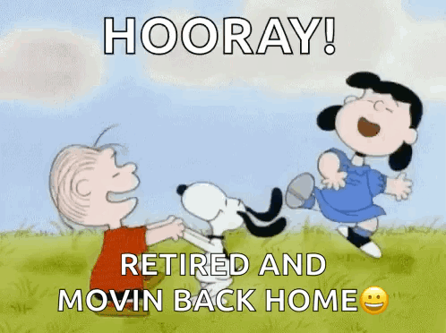 A Cartoon Of Snoopy , Lucy And Linus Saying " Hooray ! Retired And Movin Back Home " . GIF