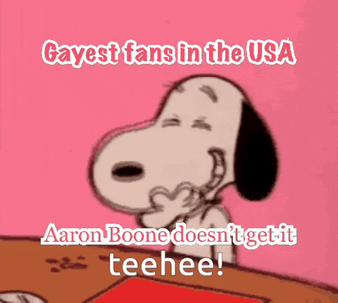 A Cartoon Of Snoopy On A Pink Background That Says Gayest Fans In The Usa GIF
