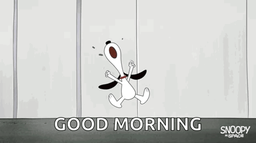 A Cartoon Of Snoopy On A Swing With The Words `` Good Morning '' Written On The Bottom GIF