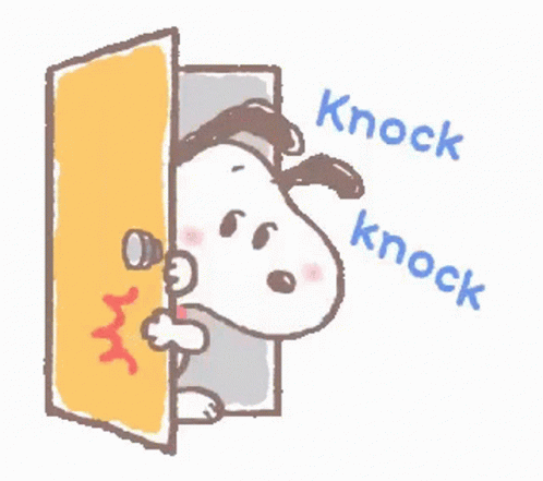 A Cartoon Of Snoopy Peeking Out Of A Door And Knocking On It . GIF