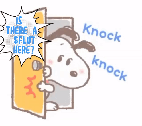 A Cartoon Of Snoopy Peeking Out Of A Door With The Words " Is There A $ Flut Here " Behind Him GIF