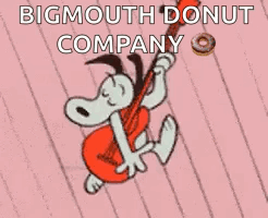 A Cartoon Of Snoopy Playing A Guitar With The Words `` Bigmouth Donut Company '' Behind Him . GIF