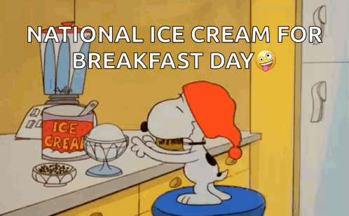 A Cartoon Of Snoopy Pouring Ice Cream Into A Bowl For National Ice Cream For Breakfast Day GIF
