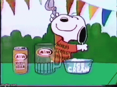 A Cartoon Of Snoopy Pouring Ice Cream Into A Cup GIF